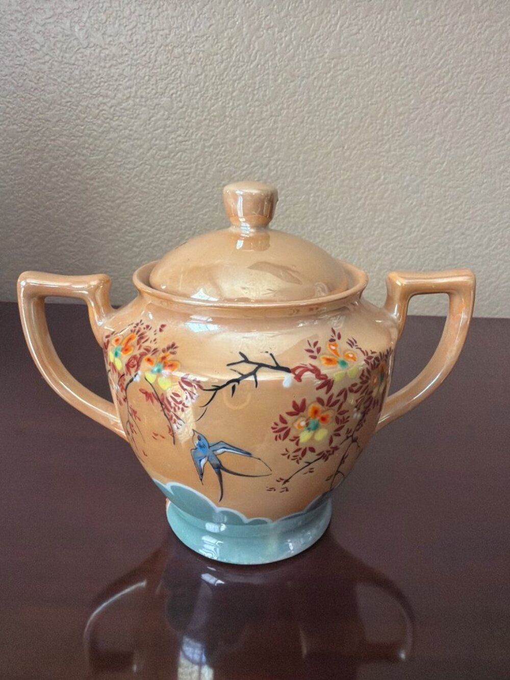 Vintage Hand Painted Japanese Peach Lusterware Sugar Bowl & Creamer Set Bluebird - Picture 3 of 12